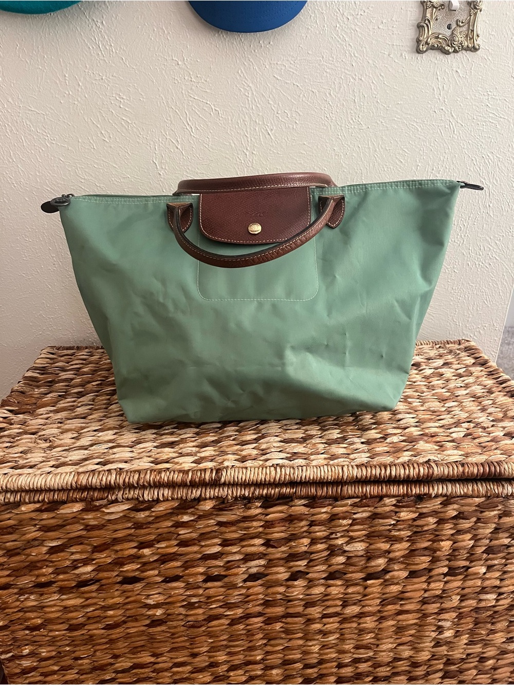 Longchamp Medium Green Nylon Le Pliage Tote with Brown Leather Trim